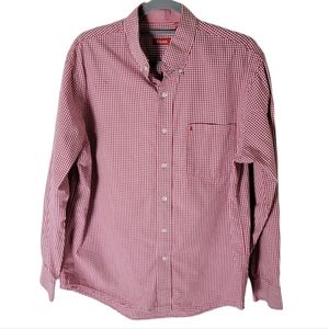 IZOD men red white gingham plaid button down long sleeve shirt size medium